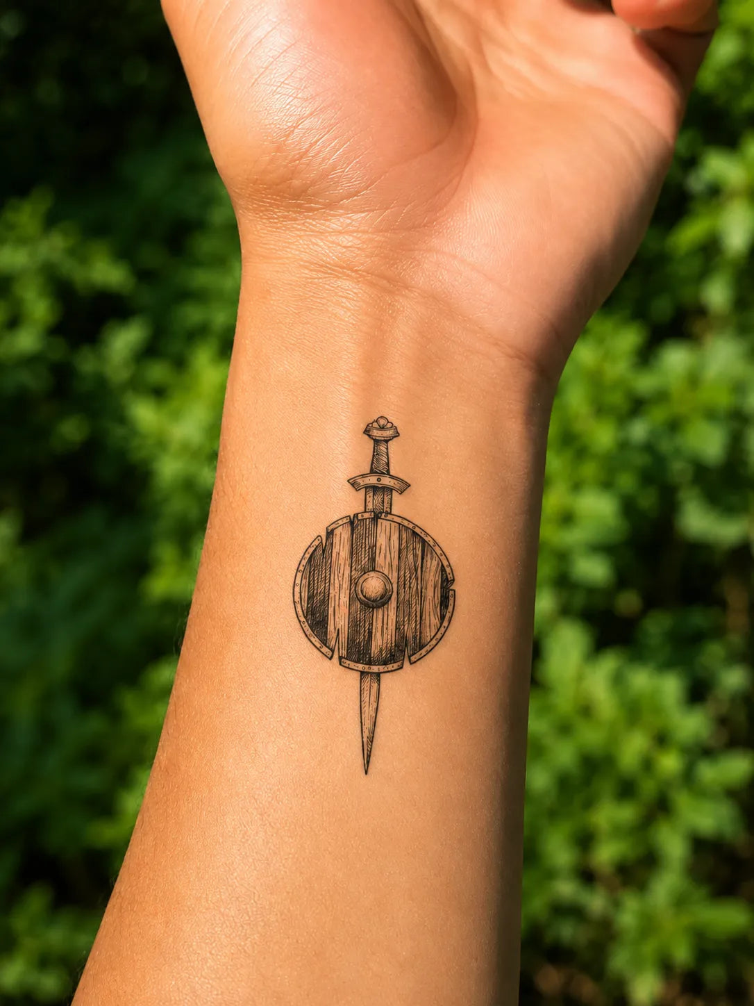 SafeTatt — Shield and Sword · fotografie tetování na kůži