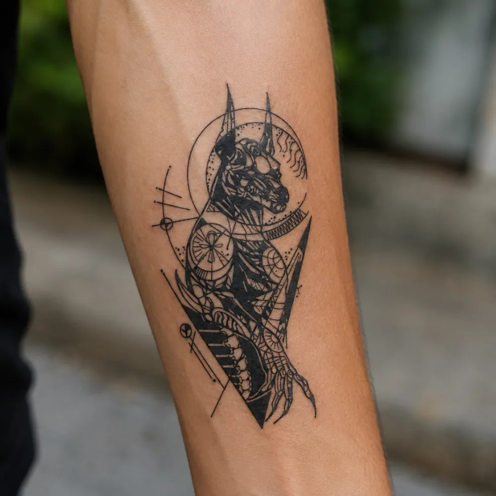 SafeTatt — Cyber Anubis · fotografie tetování na kůži